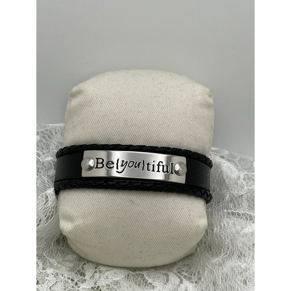 "Be{you}tiful" Stainless Steel & Black Faux Leather Easy Clasp Bracelet - Picture 6 of 11